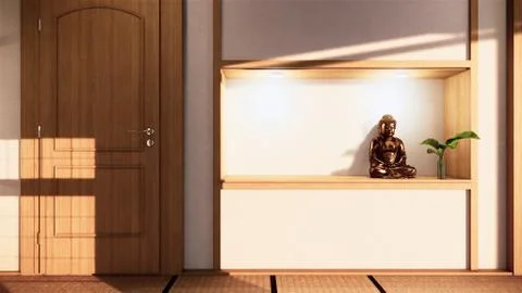 Shelf wall design zen interior of living room japanese style.3d rendering Stock Illustration