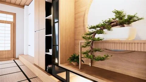 Shelf wall design zen interior of living room japanese style.3d rendering Stock Illustration