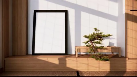 Shelf wall design zen interior of living room japanese style.3d rendering Ilustração Stock