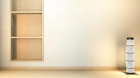 Shelf wall in modern empty room Japanese - zen style,minimal designs. 3D rend Stock Illustration