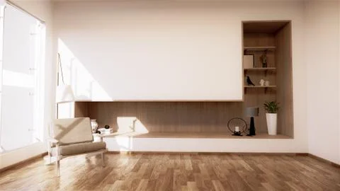 Shelf wall in modern empty room Japanese and armchair minimal designs. 3D ren Stock Illustration