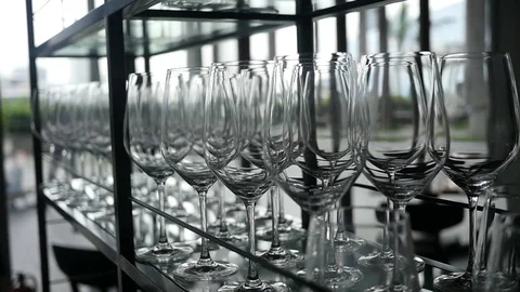 Shelf of Wine Glasses Closeup Stock Footage 77766117