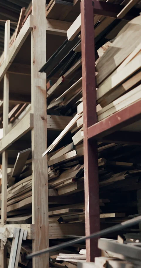 Shelf, wood and timber in workshop for carpentry, inventory and planks supply Stock Footage 340599613