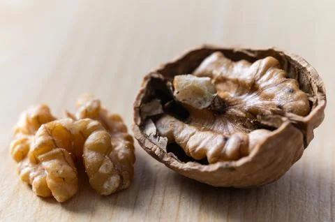 In-shell and shelled walnuts. Production and consumption of walnuts. Stock Photos