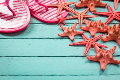 Shell and starfish frame with space on wooden old background. Stock Photos