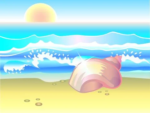 Shell. Beach. Surf. Seashell on the beach. Ocean or sea beach at sunrise. Stock Illustration