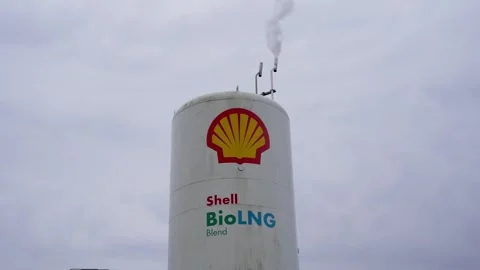 Shell Bio LNG blend storage tank at the fuel station Stock Footage 302719072