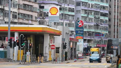 Shell Caltex Gas Station Hong Kong Busy Street Establishing Shot Global Energy Stock Footage 333022718