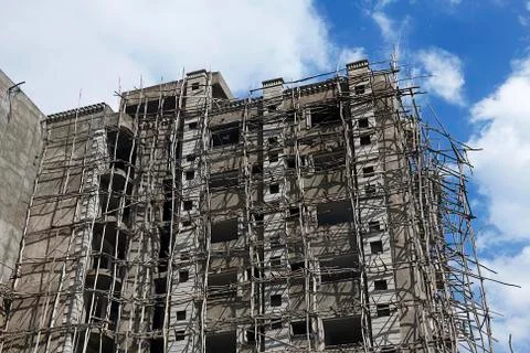 Shell construction with primitive scaffolding made of branches Axum Tigray Stock Photos