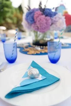 Shell decorates a plate on a party table Stock Photos