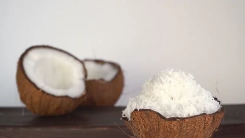 Shell filled with coconut shavings. Coco, ripe palm fruit. 스톡 동영상 150718264