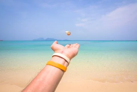 Shell float over the hand on the beach Stock Photos