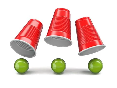Shell Game three red cups and three green balls 3D Illustrazione stock