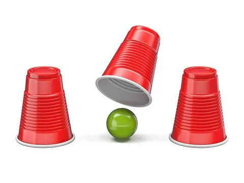 Shell Game three red cups and green ball 3D Shell Game three red cups and ... Stock Photos