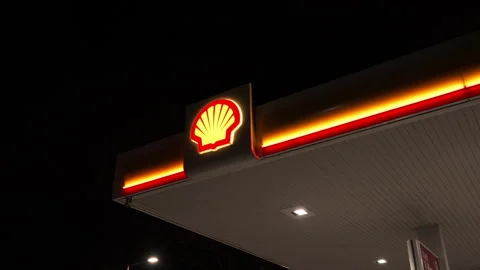 Shell Gas Station Logo at Night Illuminated in Budapest, Hungary Stock Footage 320433122