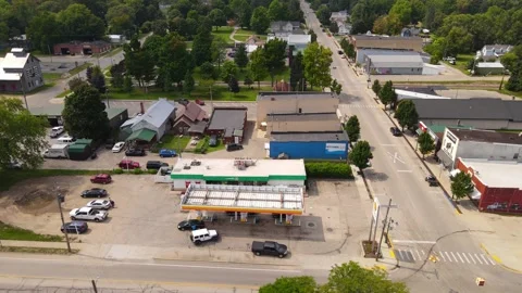 Shell gas station of small American township, aerial side fly view Video stock 301525736