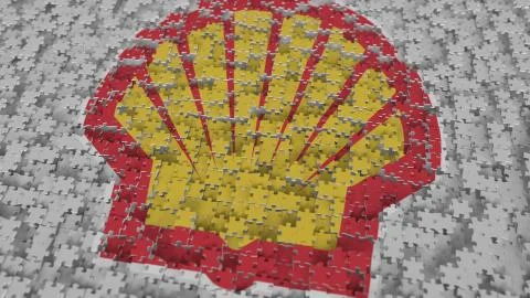 SHELL logo being composed with puzzle pieces, editorial 3D rendering Stock Illustration