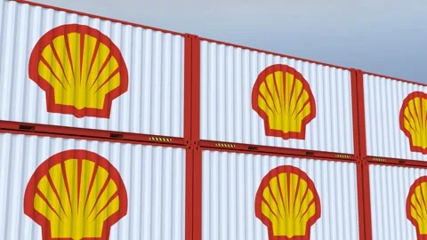 Shell logo The Flag of International Trade Emblem Logo and Flag on Metal Stock Footage 262928922