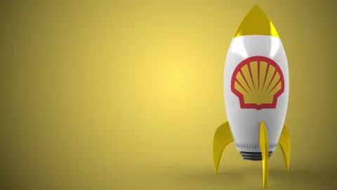 SHELL logo on a rocket mockup. Editorial conceptual success related 3D rendering Stock Illustration
