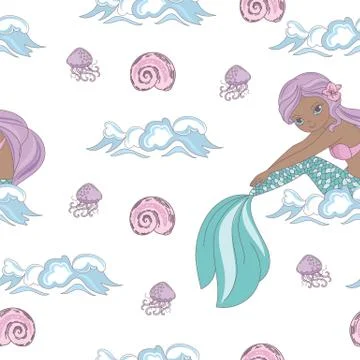 SHELL MERMAID Princess Seamless Pattern Vector Illustration Stock Illustration