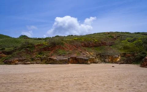 Shell rock coastal cliffs and sandy beach on the Atlantic coast, Portugal Stock Photos
