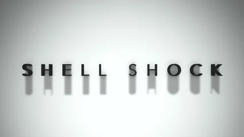 Shell shock cinematic title matte black writing placed on a white backdrop Stock Footage 301837094
