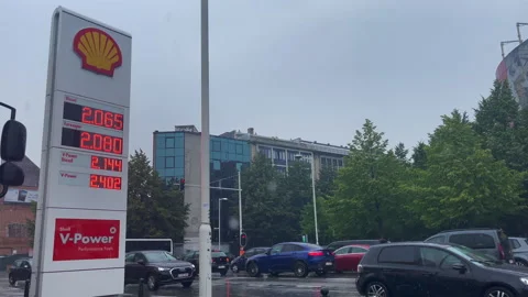 Shell V-Power logo sign with Euro prices display Stock Footage 197514683