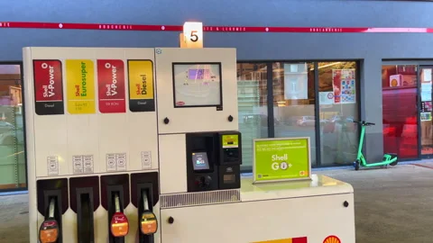 Shell V-Power logo sign with Euro prices display Stock Footage 197514992