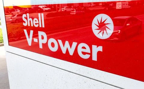 Shell V-power signboard at the Shell fuel station Stock Photos