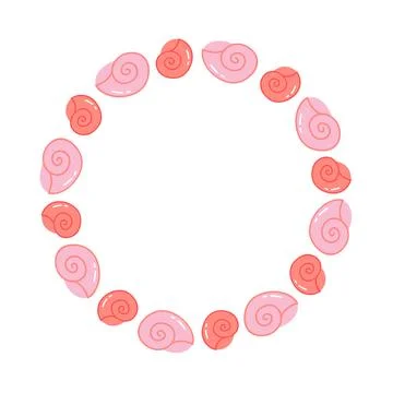 Shell wreath flat hand-drawn pink spiral seashell circular frame nursery card Stock-Illustration
