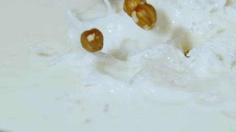 Shelled hazelnuts being dropped into milk, Ultra Slow Motion Stock Footage 86577597