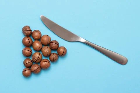 Shelled macadamia nuts on blue background. Healthy food concept Stock Photos