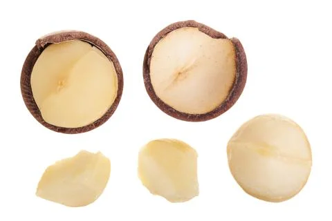 Shelled macadamia nuts isolated on white background. Top view. Flat lay pattern 写真素材