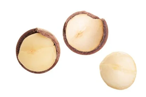 Shelled macadamia nuts isolated on white background. Top view. Flat lay pattern Stock Photos