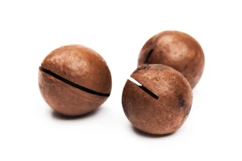 Shelled  macadamia nuts on white background Stock Photos