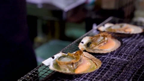 Shellfish cooked well and put down off the grill Stock Footage 96407009