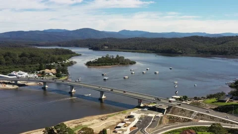 Shellfish farming Clyde river in Batemans bay town of Australia – aerial 4k. Stock Footage 194744200