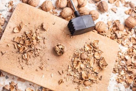 Shelling walnuts in the kitchen Stock Photos