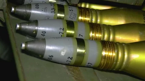Shells and mines are on the shelf. Weapons for war. Stock Footage 297942545
