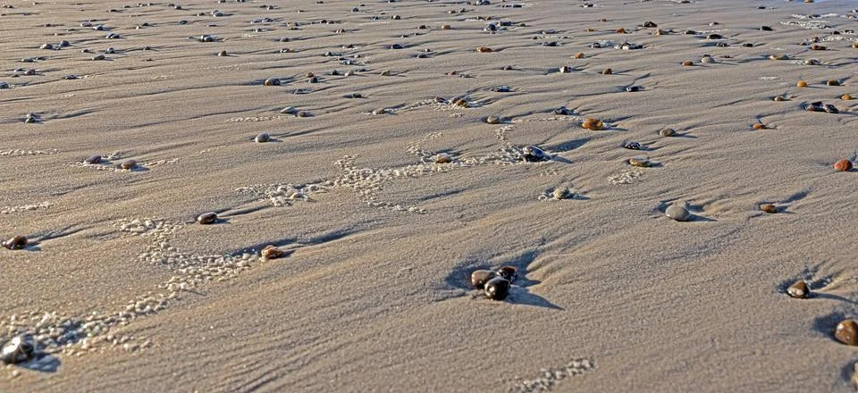 Shells and pebbles on sandy beach with natural patterns Foto stock