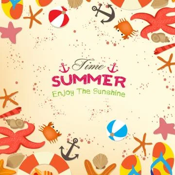 Shells and starfishes on sand background 스톡 일러스트