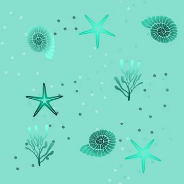 Shells, corals and starfish in blue water with air bubbles Stock Illustration
