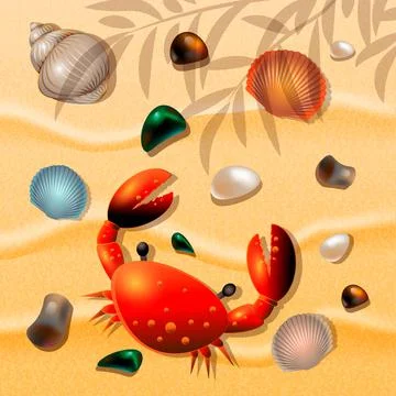 Shells, crab and sea colored pebbles on sand background. 스톡 일러스트