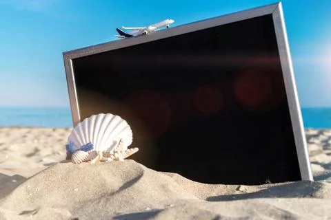Shells pattern. Globe, seashell, airplane and starfish near black desk on sea Stock Photos