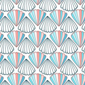 Shells seamless pattern. Nautical background in blue and peach colors. Seashe Stockillustratie
