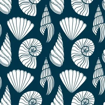 Shells seamless pattern. Nautical design on dark background. Seashells patter 스톡 일러스트
