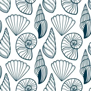 Shells seamless pattern. Summer line drawing design background. Seashells pat 스톡 일러스트