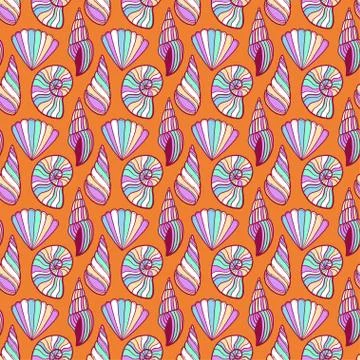 Shells seamless pattern. Summer print on orange background. Seashells pattern Stockillustratie