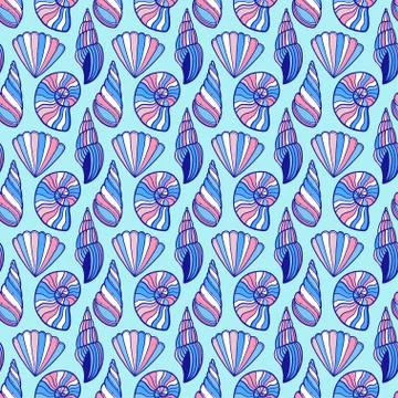 Shells seamless pattern. Tropical marine background in blue colors. Seashells Stockillustratie