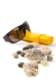 Shells, sunglasses and lotion Stock Photos